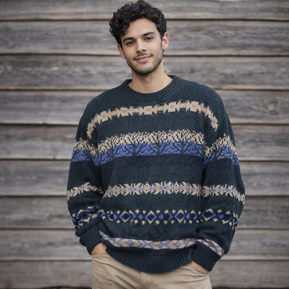 Vintage American Portrait Men's Green and Blue Patterned Sweater, Size Large